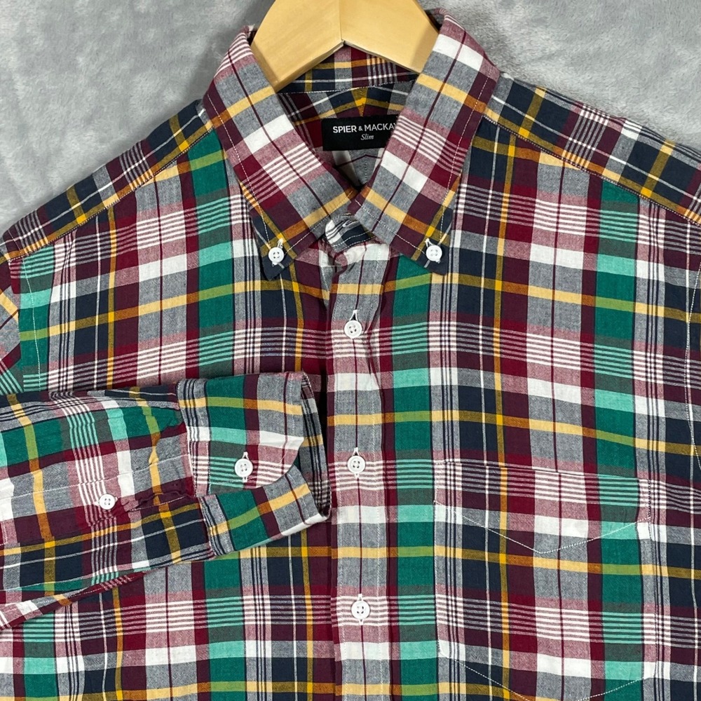 Spier & Mackay Slim Fit Plaid Button Down Shirt Mens 16 Multi Color Cotton 3195